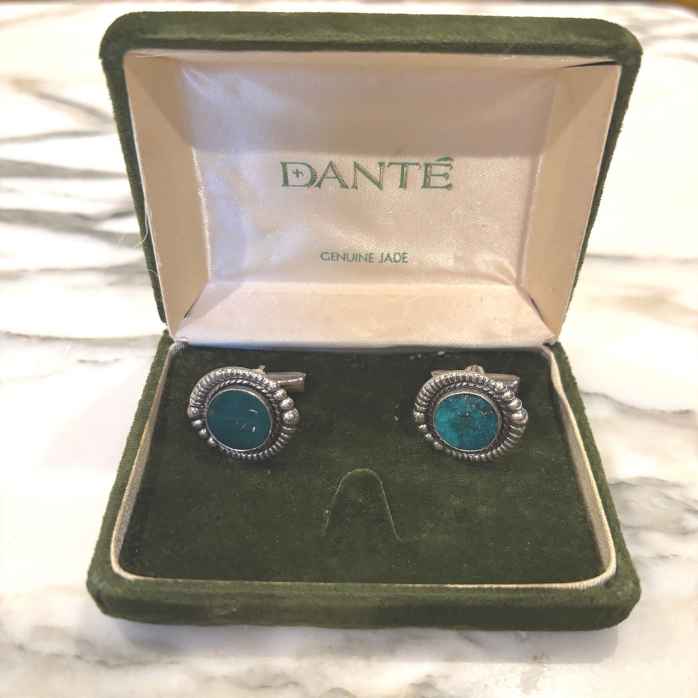 Dante Vintage 925 Sterling Silver Genuine Jade Round Southwestern Cufflinks